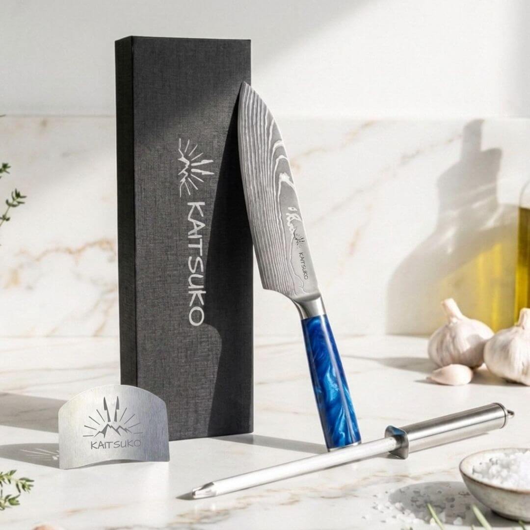 pack couteau de chef japonais tanaka bleu et accessoires de cuisine offerts