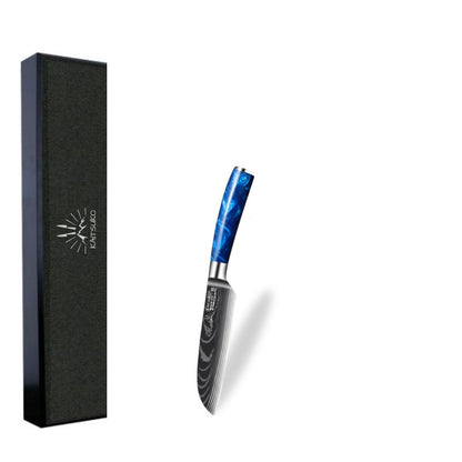 Coltello Santoku piccolo con manico in resina blu, tagli versatili