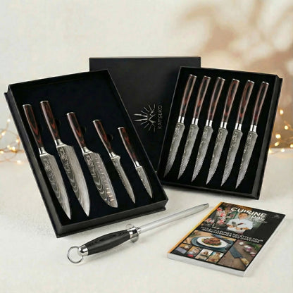 Set Natale Passion Tanaka Wood (6 coltelli da bistecca + 5 coltelli giapponesi + 1 affilatore professionale + 1 libro Kaitsuko in omaggio)