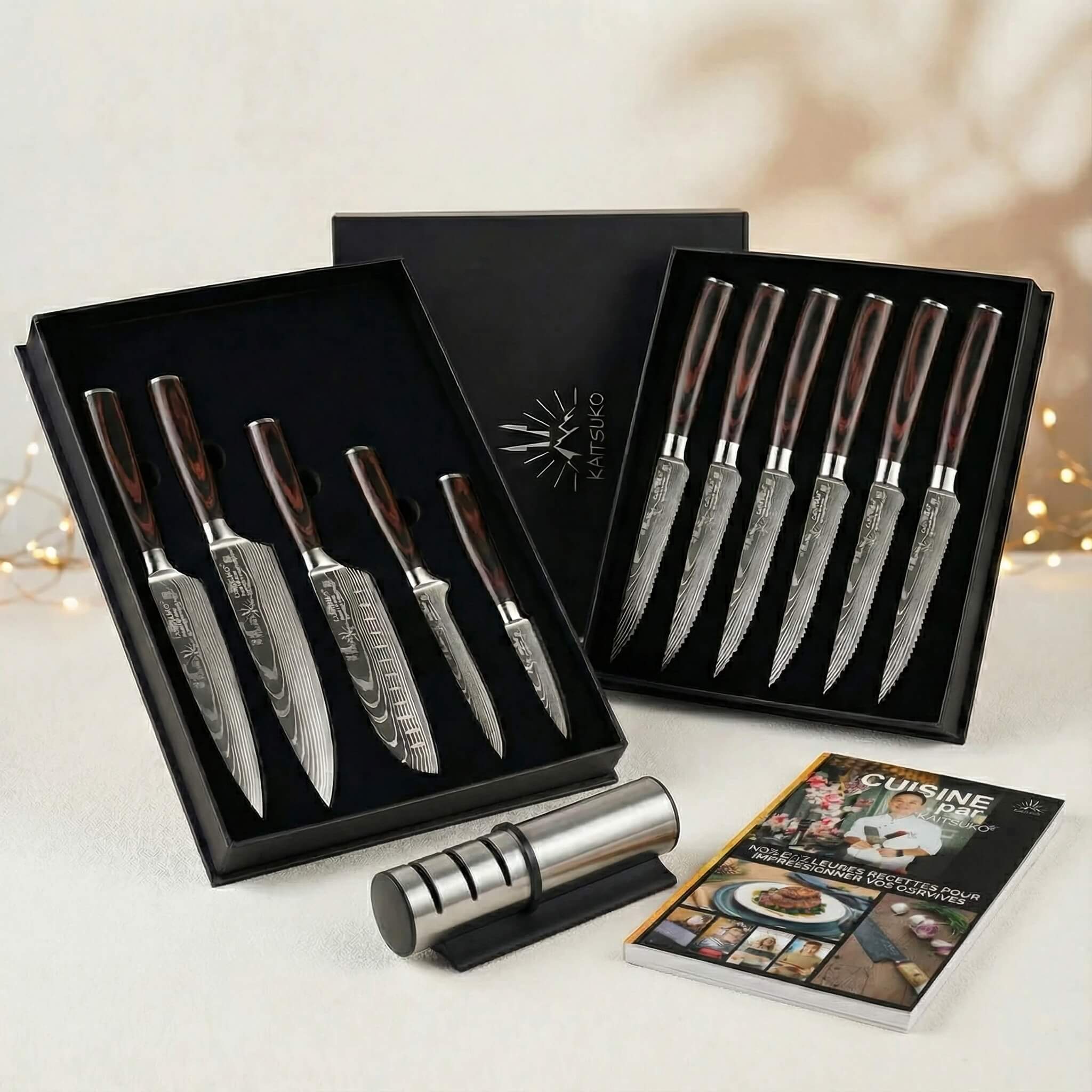 Set Natale Passion Tanaka Wood (6 coltelli da bistecca + 5 coltelli giapponesi + 1 affilatore professionale + 1 libro Kaitsuko in omaggio)