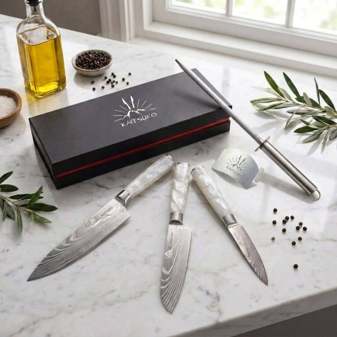 pack 3 couteaux japonais tanaka manches blancs et accessoires de cuisine offerts