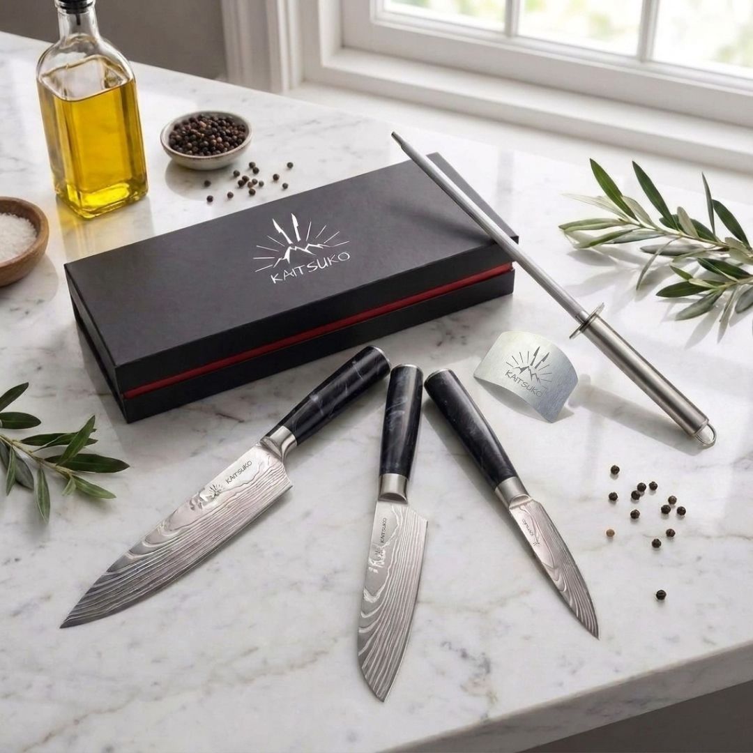 pack de 3 couteaux japonais tanaka manches noirs et accessoires de cuisine offerts