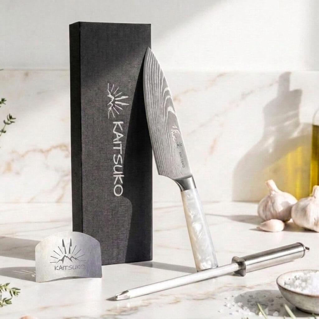 Pack couteau japonais de chef Tanaka manche blanc et accessoires de cuisine offerts
