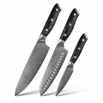 Set de 3 couteaux Yakumoto acier damas manche carbon gold