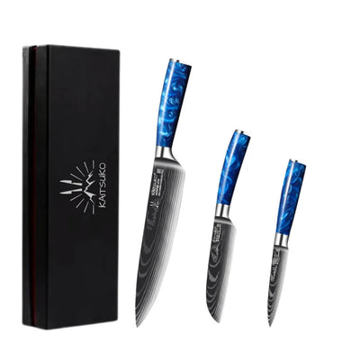 Set di 3 coltelli, stile giapponese - Chef Tanaka - Blu Oceano