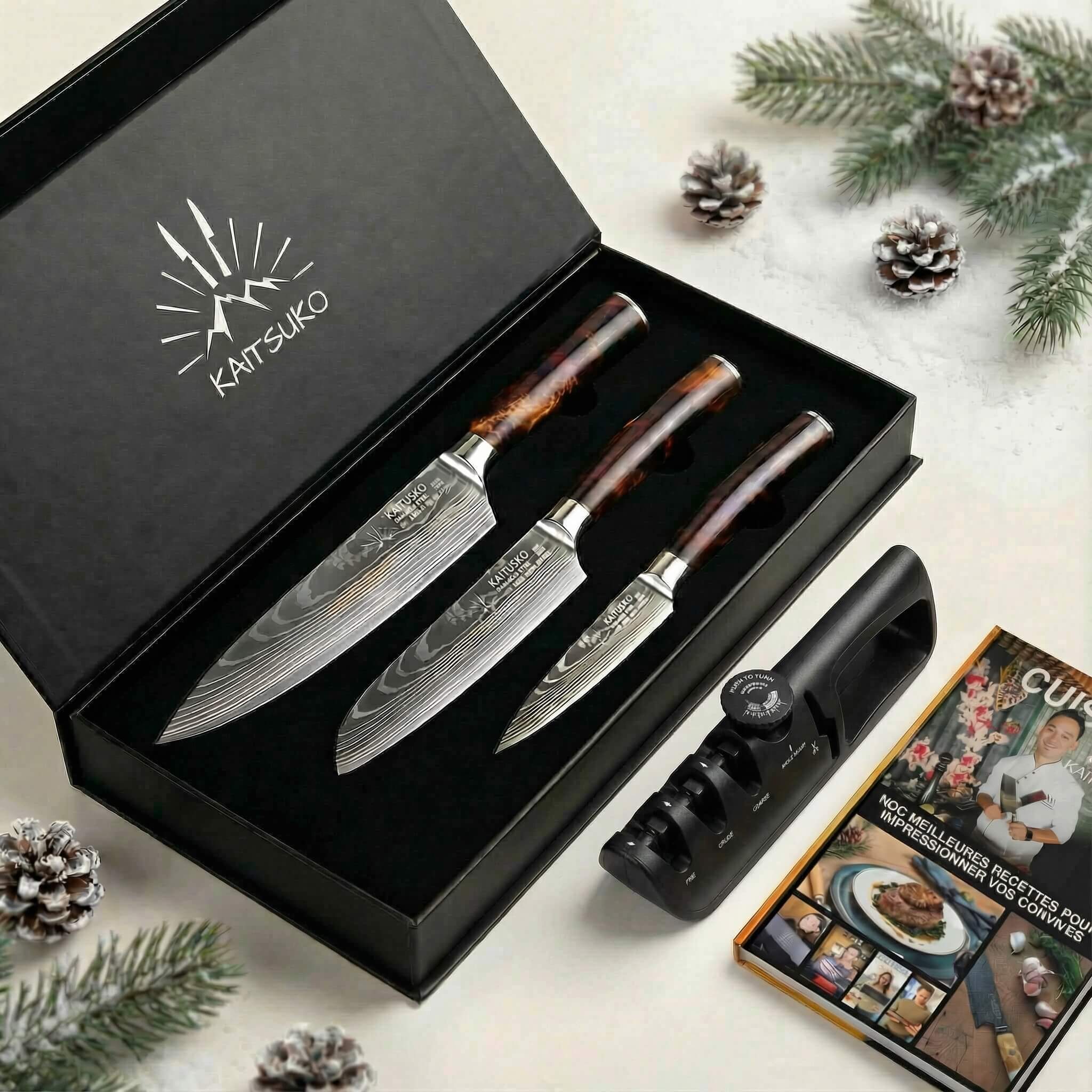 Set Natale Amante della Cucina - Tanaka Terra di Fuoco (3 coltelli giapponesi + 1 affilatore professionale + 1 libro in omaggio)